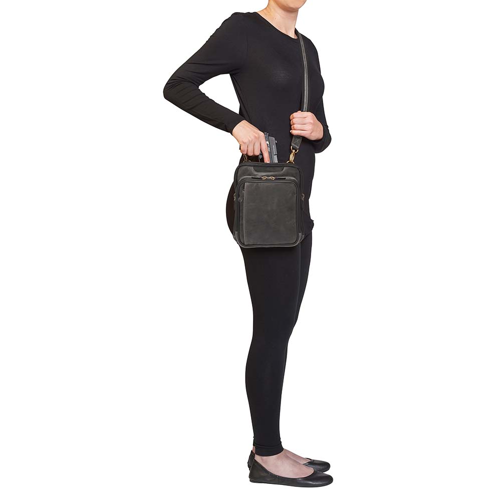 Gray Distressed full grain buffalo leather concealed carry shoulder pouch with slash-resistant crossbody strap, multi-directional draw options, and secure back zipper compartment — fits revolvers up to 1911 Commander.