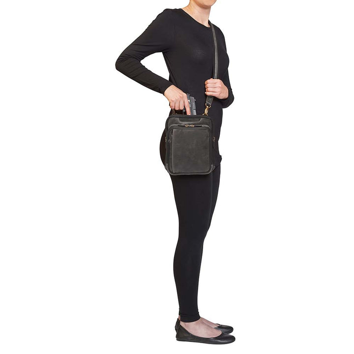 Gray Distressed full grain buffalo leather concealed carry shoulder pouch with slash-resistant crossbody strap, multi-directional draw options, and secure back zipper compartment — fits revolvers up to 1911 Commander.