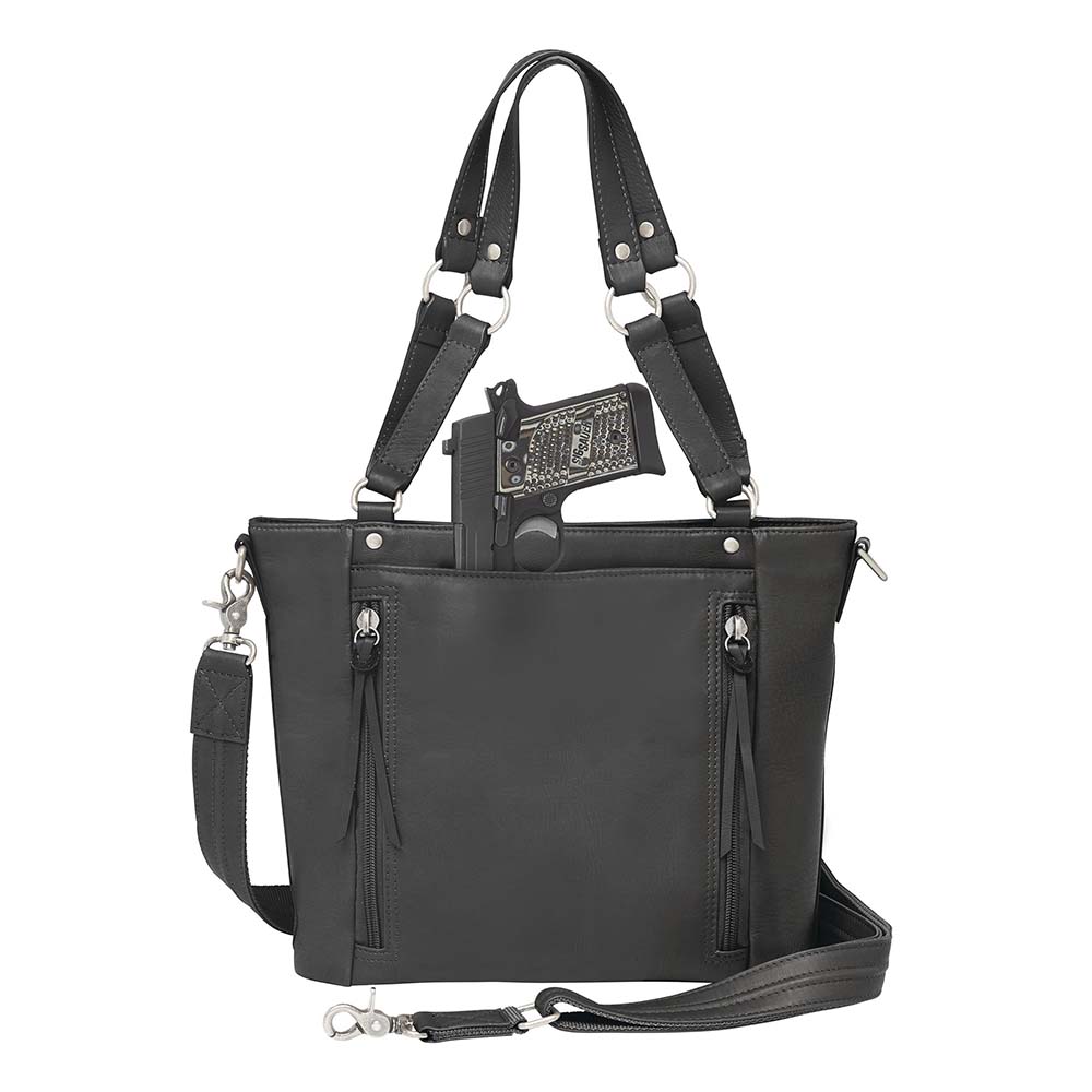 GTMoriginals BOHO shoulder tote purse with concealed carry compartment, black cowhide leather, back view with top zipper and handles
