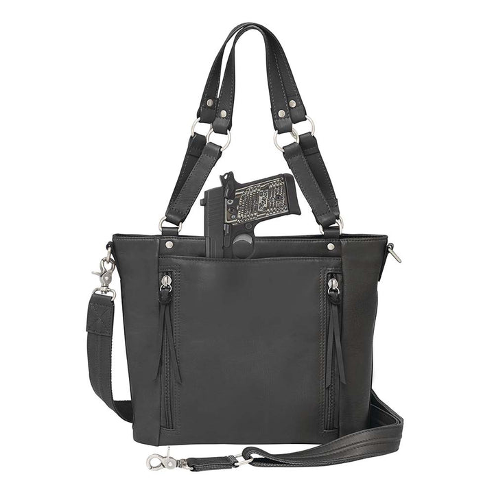 GTMoriginals BOHO shoulder tote purse with concealed carry compartment, black cowhide leather, back view with top zipper and handles