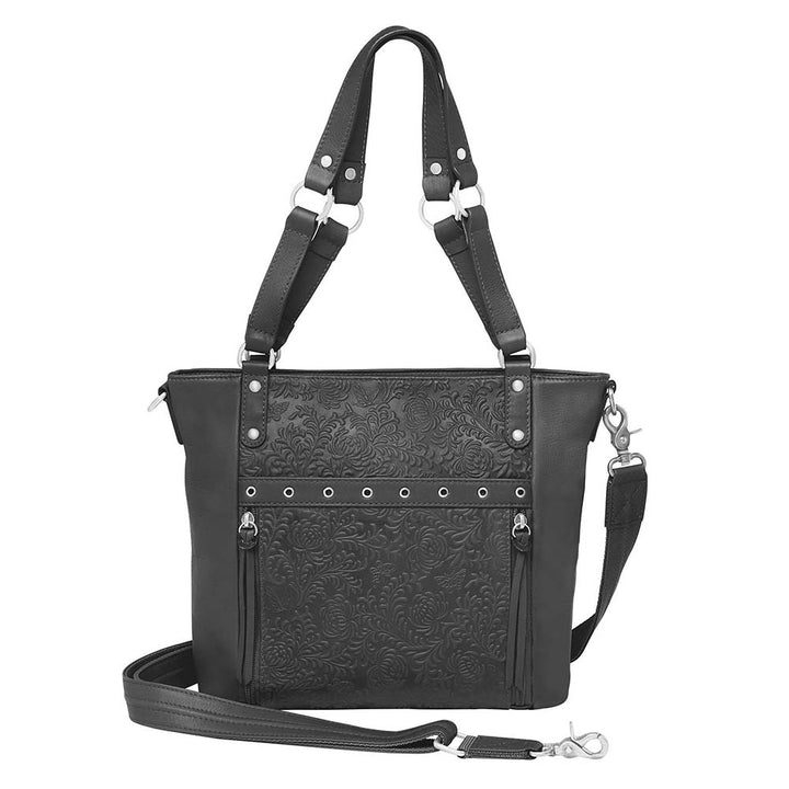 Black cowhide BOHO shoulder tote purse from GTMoriginals with concealed carry pocket and stylish front design.