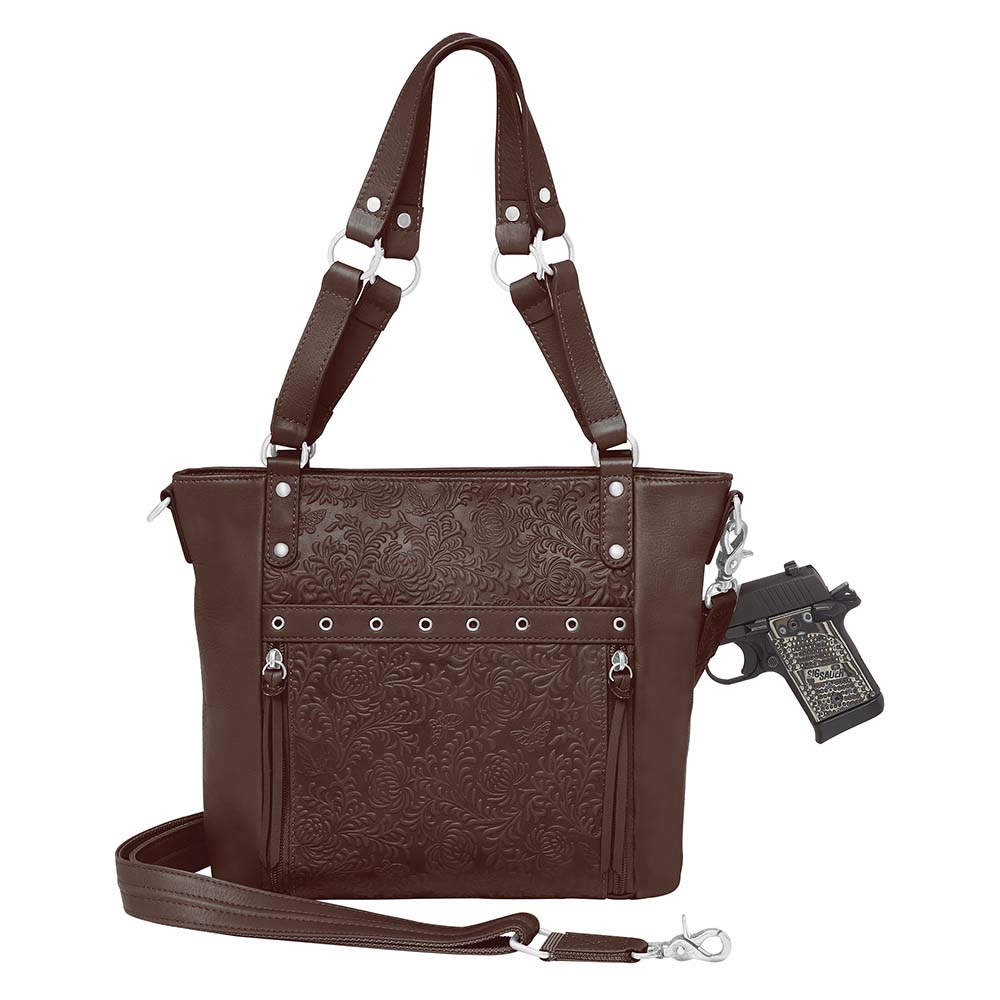 GTMoriginals BOHO shoulder tote purse with concealed carry gun compartment, cowhide leather in brown with front view.