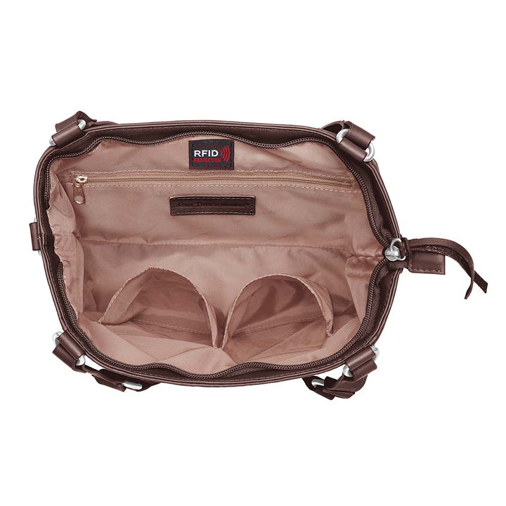 GTMoriginals BOHO shoulder tote purse with concealed carry compartment, made of brown cowhide leather, open view showing interior.