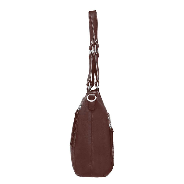 GTMoriginals BOHO shoulder tote purse with cowhide material, featuring a concealed carry design and brown color, side view.