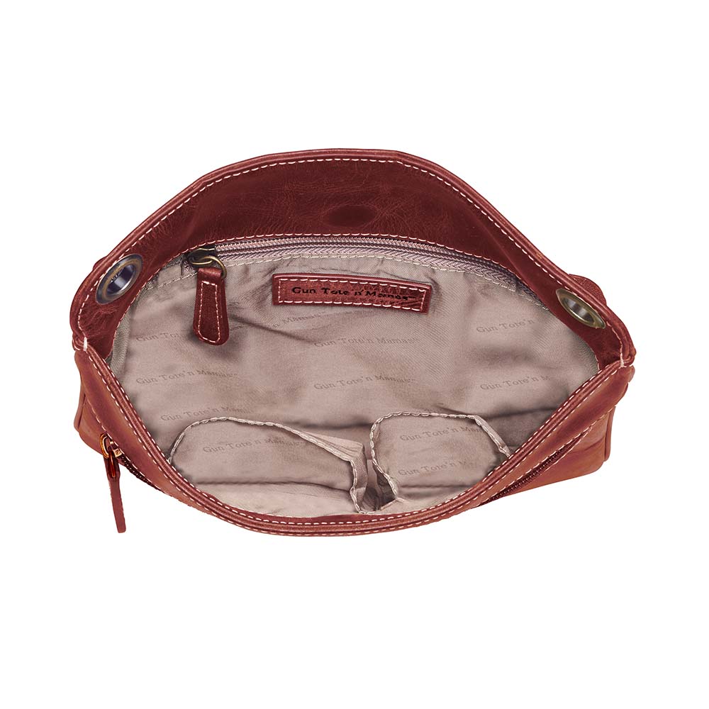 Vintage distressed buffalo leather concealed carry crossbody purse with adjustable slash-resistant strap, left and right-handed access, and a secure gun compartment designed for fast draw. Includes holster and fits compact handguns like S&W Shield, Ruger LCP, and Glock 42.