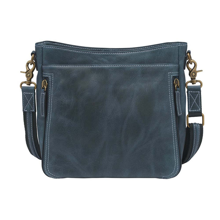 Gun Tote'N Mamas Slim Crossbody Concealed Carry Purse in distressed buffalo leather, shown from the back with shoulder strap.
