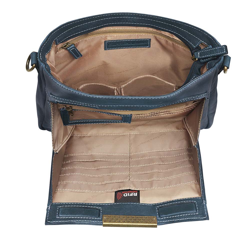 Open distressed buffalo leather slim crossbody purse by Gun Tote'N Mamas, featuring concealed carry compartment and shoulder strap.