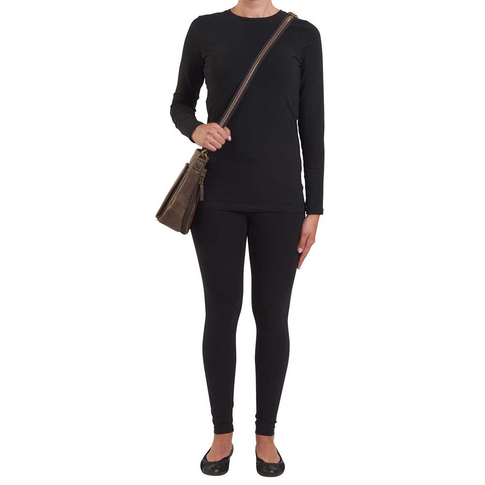 Slim crossbody concealed carry purse in distressed brown full-grain buffalo leather with RFID wallet organizer, top-draw gun compartment, fits Glock 19, Sig Sauer P320, or M&P Shield, slash-resistant strap.