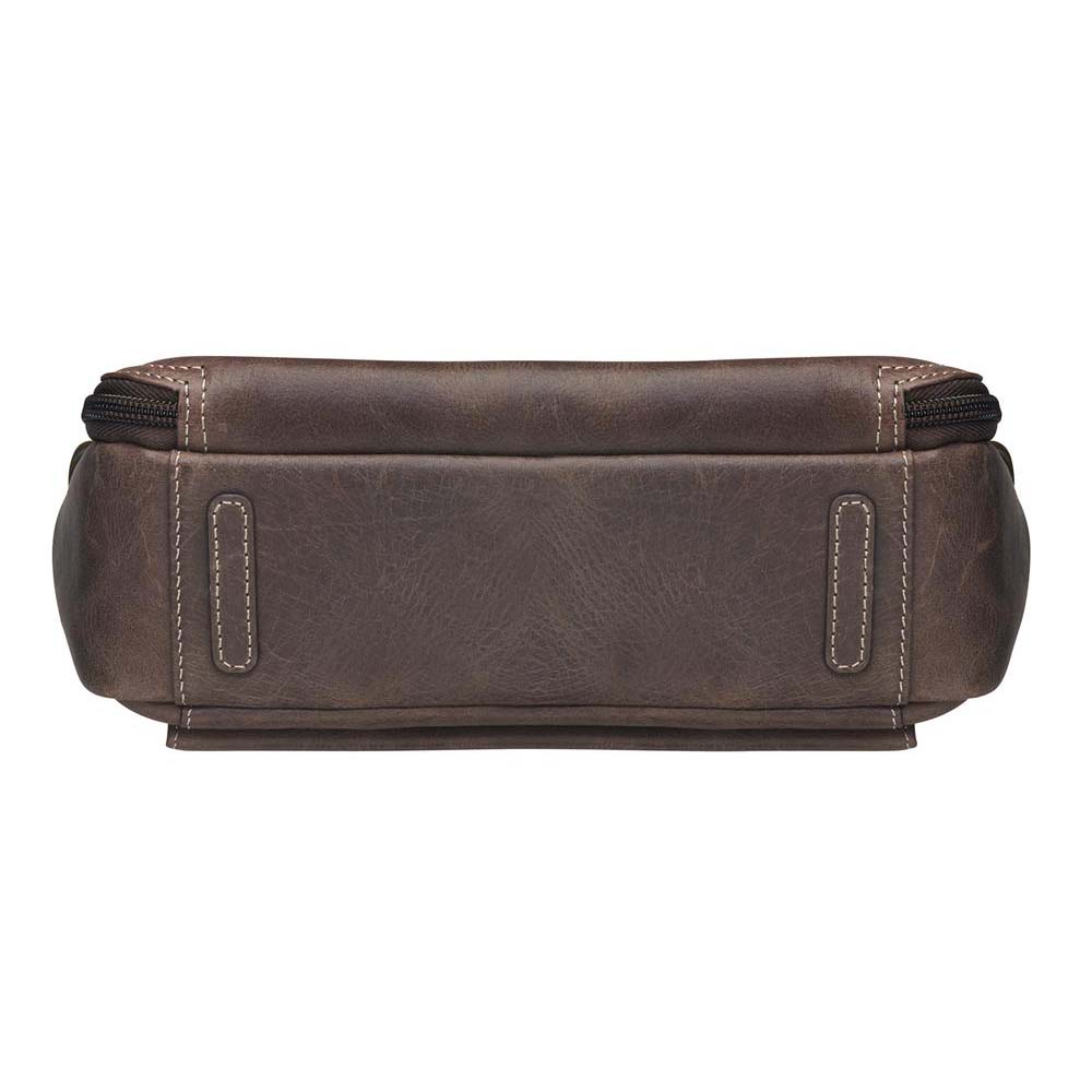 Slim crossbody concealed carry purse in distressed brown full-grain buffalo leather with RFID wallet organizer, top-draw gun compartment, fits Glock 19, Sig Sauer P320, or M&P Shield, slash-resistant strap.