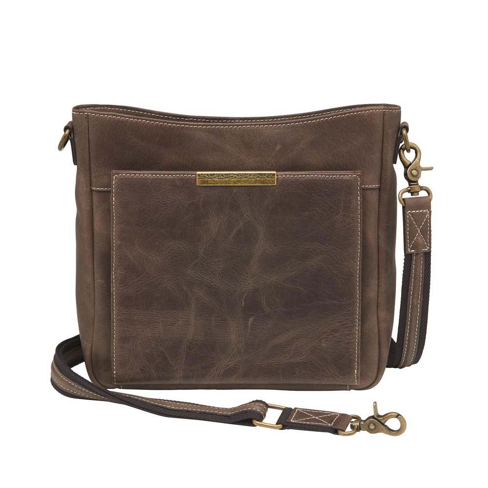 Gun Tote'N Mamas Slim Crossbody Concealed Carry Purse with distressed buffalo leather, front view of shoulder bag.