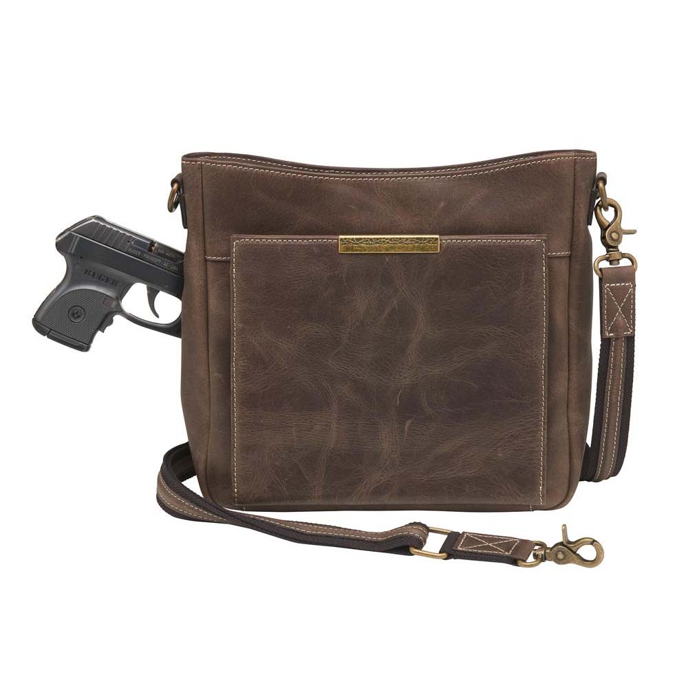 Slim crossbody concealed carry purse in distressed brown full-grain buffalo leather with RFID wallet organizer, top-draw gun compartment, fits Glock 19, Sig Sauer P320, or M&P Shield, slash-resistant strap.