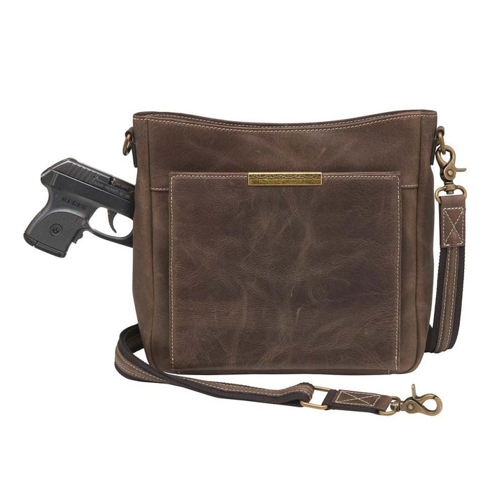Slim crossbody concealed carry purse in distressed brown full-grain buffalo leather with RFID wallet organizer, top-draw gun compartment, fits Glock 19, Sig Sauer P320, or M&P Shield, slash-resistant strap.