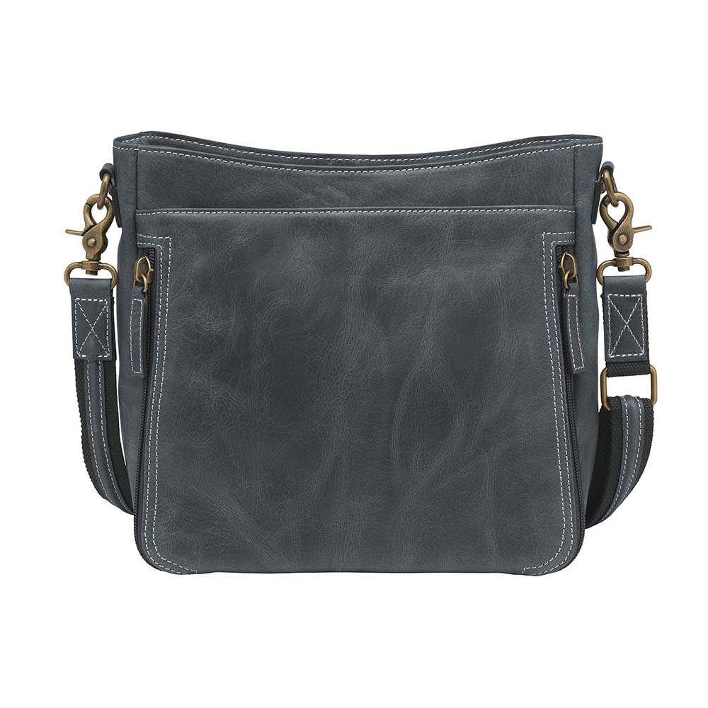 Gray distressed leather crossbody concealed carry bag with RFID-blocking card storage, vertical top-draw gun access, supports left/right-handed draw, secure fit for compact handguns, anti-slash strap included