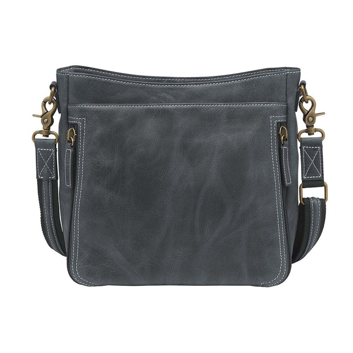 Gray distressed leather crossbody concealed carry bag with RFID-blocking card storage, vertical top-draw gun access, supports left/right-handed draw, secure fit for compact handguns, anti-slash strap included
