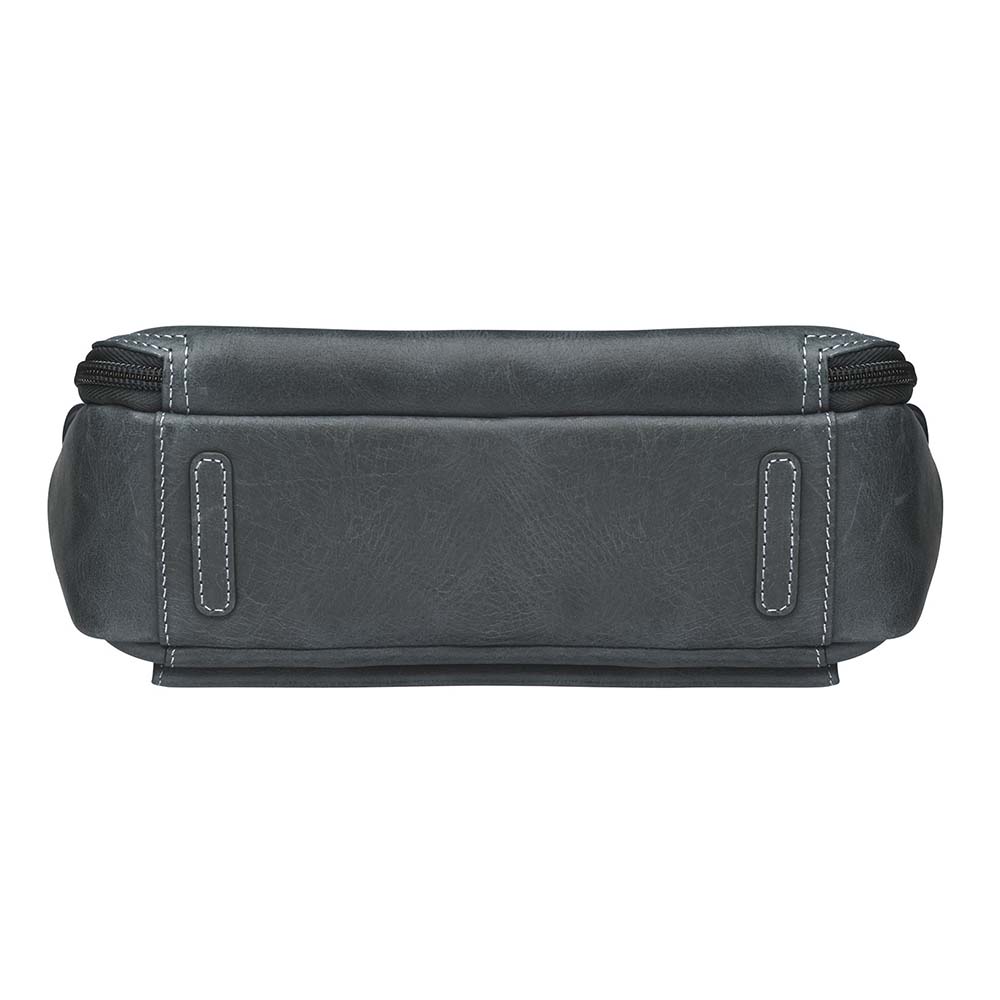 Gray distressed leather crossbody concealed carry bag with RFID-blocking card storage, vertical top-draw gun access, supports left/right-handed draw, secure fit for compact handguns, anti-slash strap included