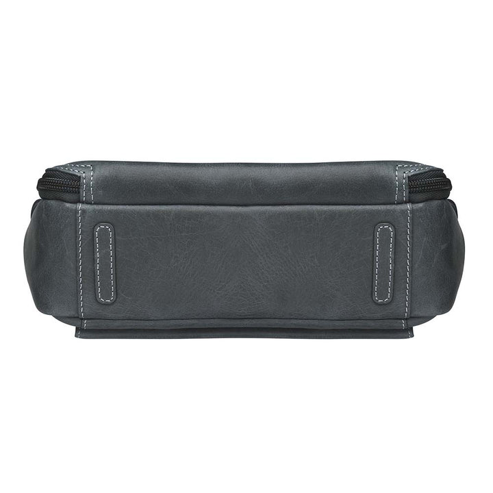Grey distressed buffalo leather slim crossbody shoulder bag by Gun Tote'N Mamas, designed for concealed carry with a sleek profile.