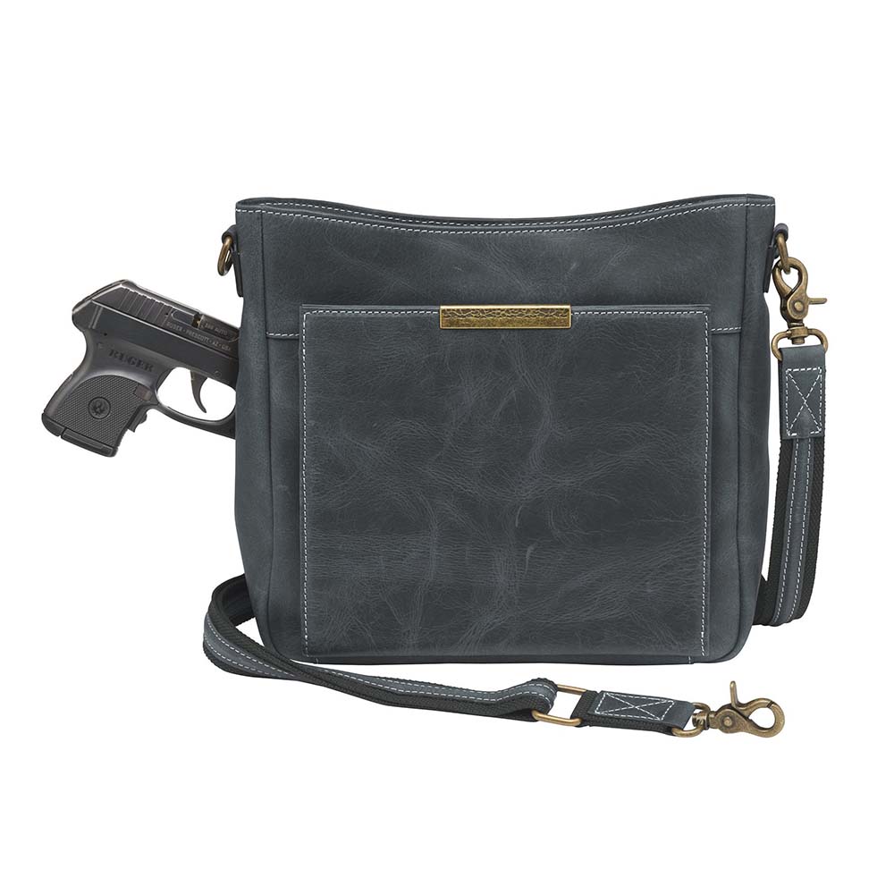 Gray distressed leather crossbody concealed carry bag with RFID-blocking card storage, vertical top-draw gun access, supports left/right-handed draw, secure fit for compact handguns, anti-slash strap included