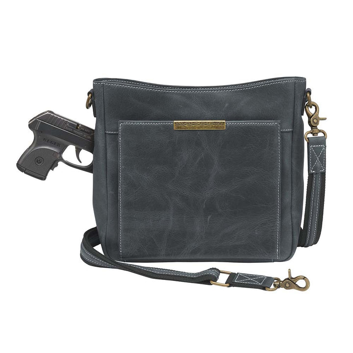 Gray distressed leather crossbody concealed carry bag with RFID-blocking card storage, vertical top-draw gun access, supports left/right-handed draw, secure fit for compact handguns, anti-slash strap included