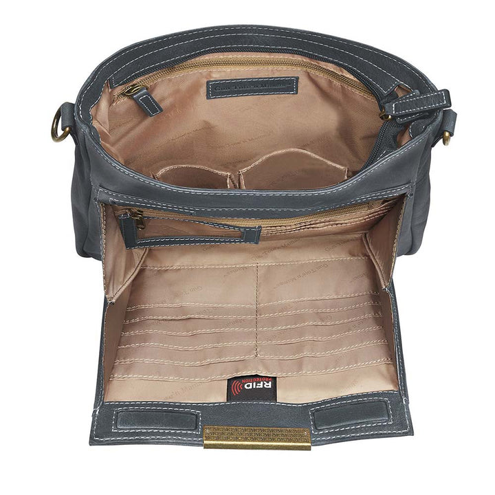 Gray distressed leather crossbody concealed carry bag with RFID-blocking card storage, vertical top-draw gun access, supports left/right-handed draw, secure fit for compact handguns, anti-slash strap included