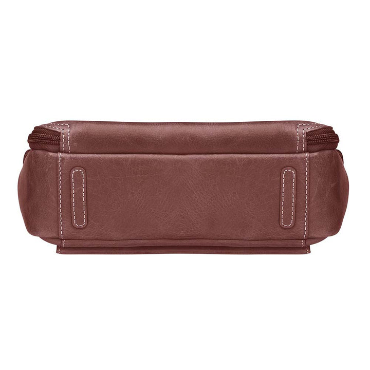 Red distressed leather concealed carry crossbody purse with RFID-secured card slots, top-draw access for right or left hand, fits compact pistols like Glock 26 or HK VP9, slash-resistant adjustable strap.