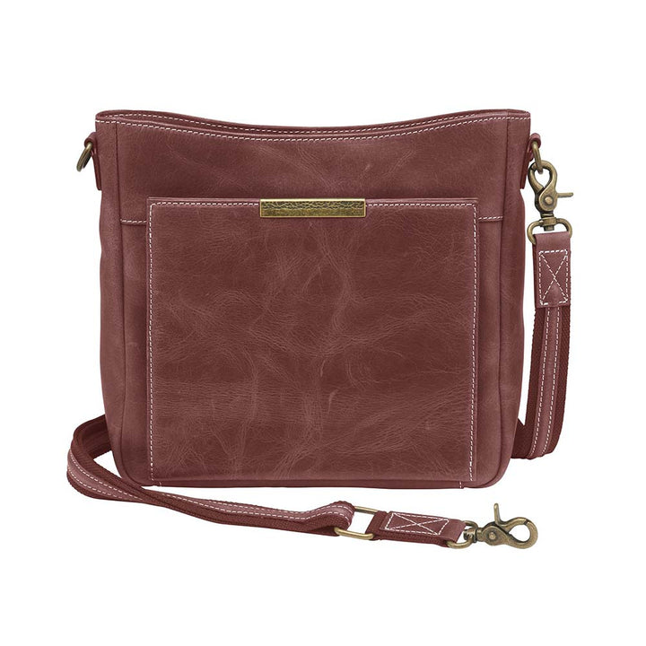 Red distressed leather concealed carry crossbody purse with RFID-secured card slots, top-draw access for right or left hand, fits compact pistols like Glock 26 or HK VP9, slash-resistant adjustable strap.