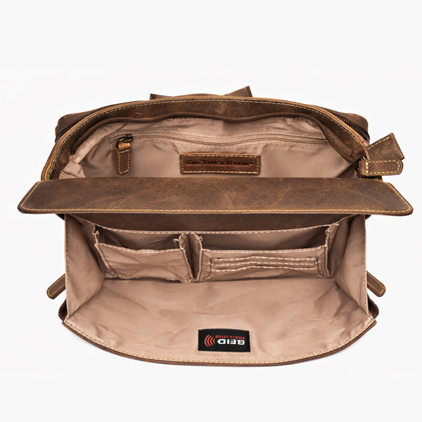 top view of the Distressed caramel GTM concealed carry clutch purse with magnetic snap flap