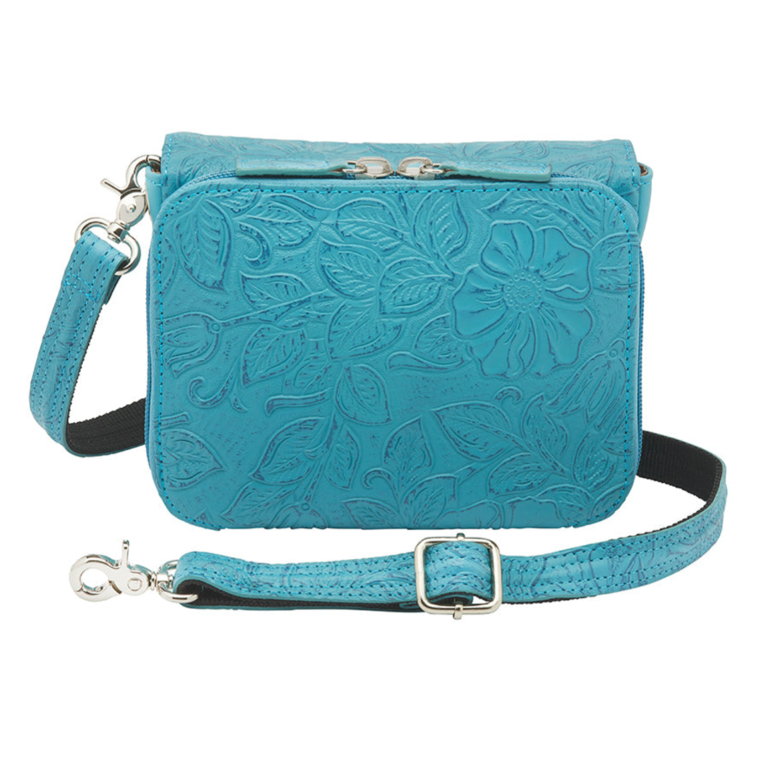 GTMoriginals Crossbody Organizer Concealed Carry Purse in USA cowhide leather, featuring multiple compartments and adjustable strap.