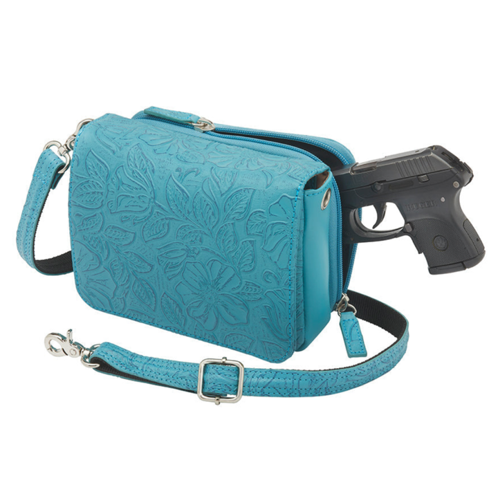 GTMoriginals Crossbody Organizer Concealed Carry Purse in USA cowhide, showing the shoulder bag with multiple compartments.