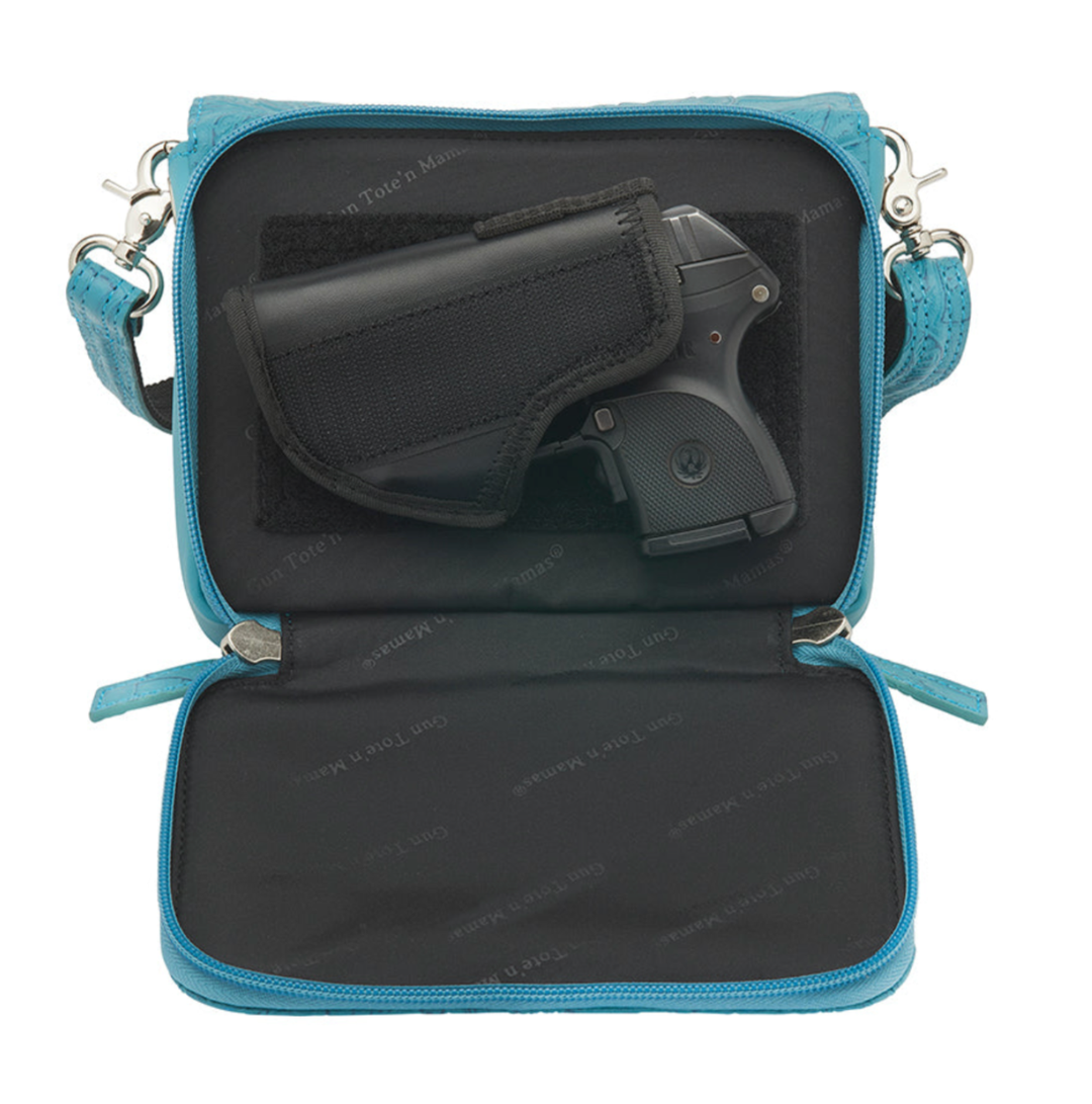 GTMoriginals Crossbody Organizer Concealed Carry Purse in USA cowhide leather with multiple compartments and adjustable strap.