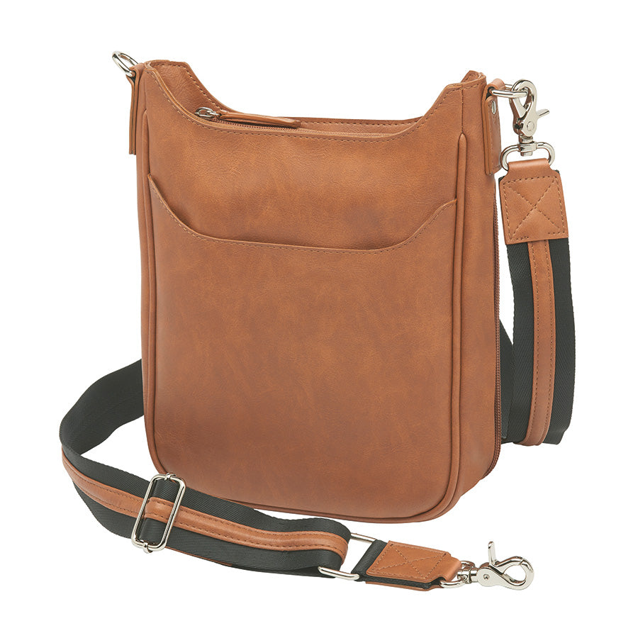 Versatile tan concealed carry crossbody mail pouch with soft, washable top-grain cowhide, anti-imprint padding, RFID pocket, and durable steel-reinforced strap for stylish and safe carry.