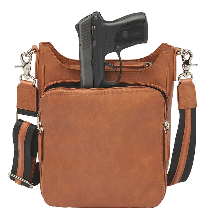 Versatile tan concealed carry crossbody mail pouch with soft, washable top-grain cowhide, anti-imprint padding, RFID pocket, and durable steel-reinforced strap for stylish and safe carry.