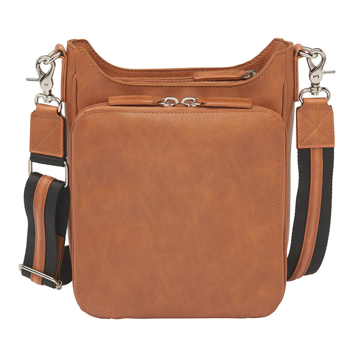 Versatile tan concealed carry crossbody mail pouch with soft, washable top-grain cowhide, anti-imprint padding, RFID pocket, and durable steel-reinforced strap for stylish and safe carry.