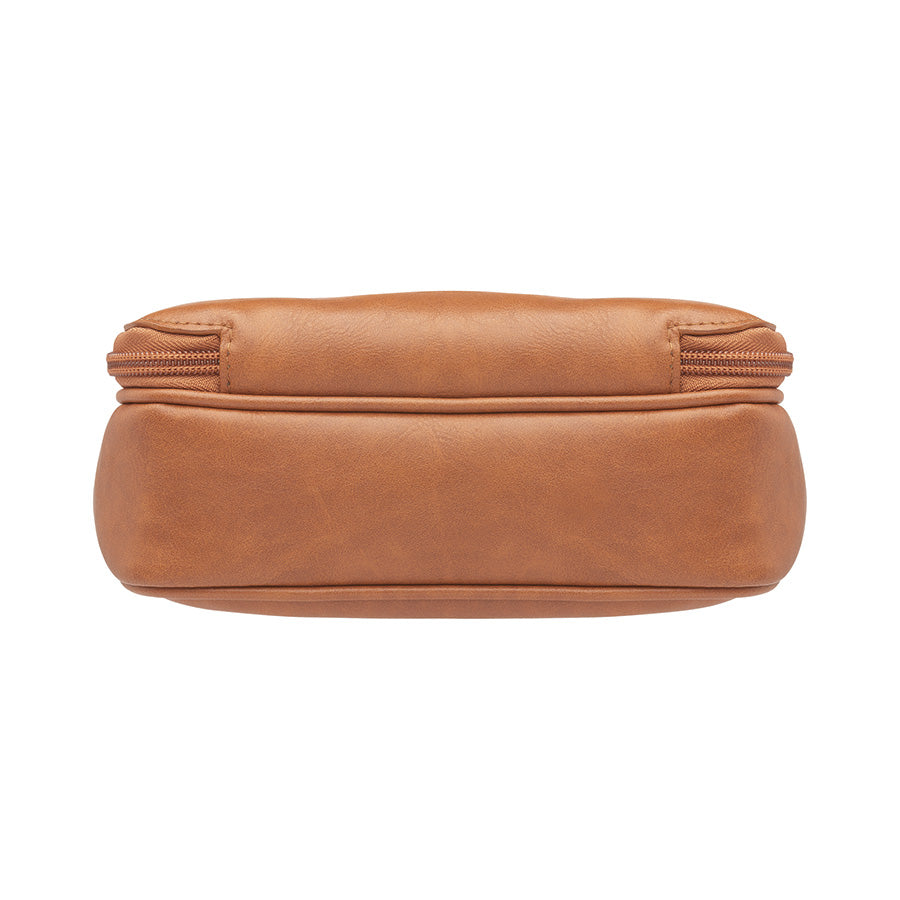 Versatile tan concealed carry crossbody mail pouch with soft, washable top-grain cowhide, anti-imprint padding, RFID pocket, and durable steel-reinforced strap for stylish and safe carry.