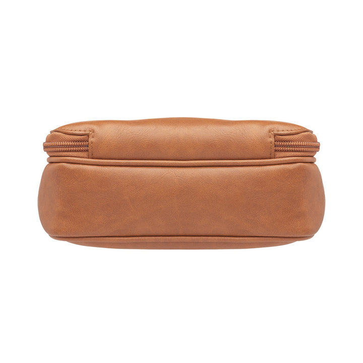 Versatile tan concealed carry crossbody mail pouch with soft, washable top-grain cowhide, anti-imprint padding, RFID pocket, and durable steel-reinforced strap for stylish and safe carry.