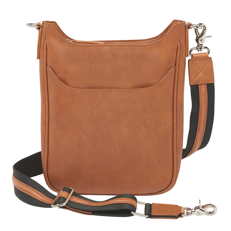 Versatile tan concealed carry crossbody mail pouch with soft, washable top-grain cowhide, anti-imprint padding, RFID pocket, and durable steel-reinforced strap for stylish and safe carry.
