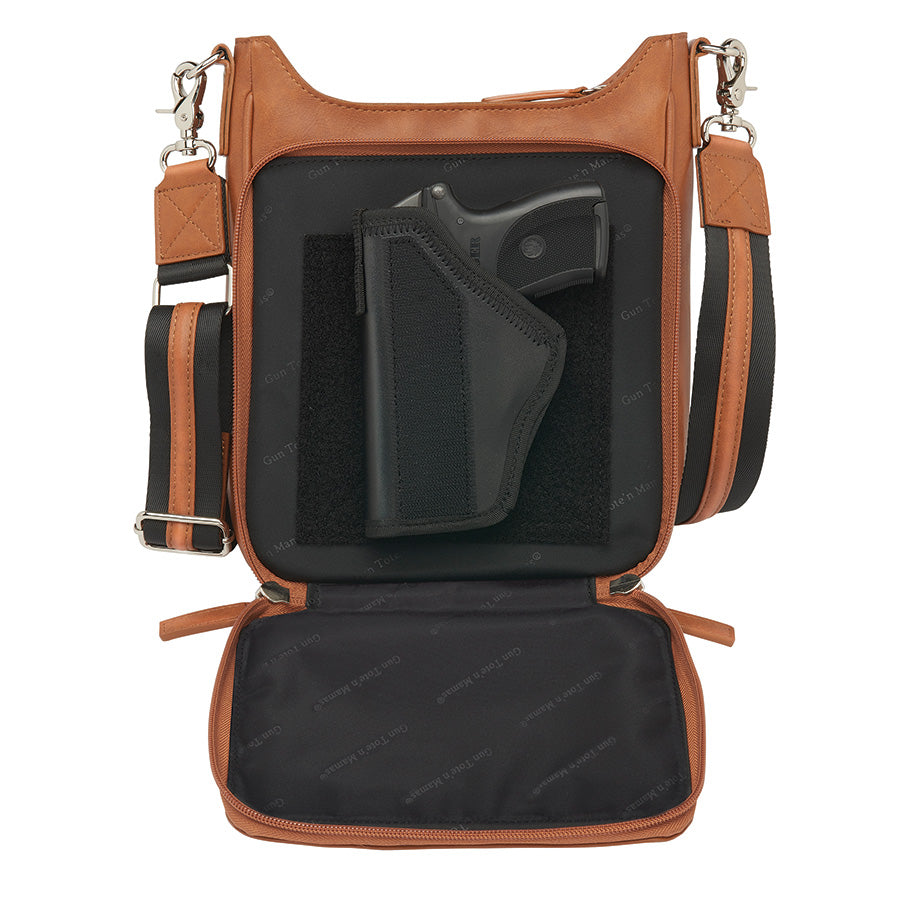Versatile tan concealed carry crossbody mail pouch with soft, washable top-grain cowhide, anti-imprint padding, RFID pocket, and durable steel-reinforced strap for stylish and safe carry.