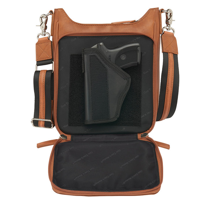 Versatile tan concealed carry crossbody mail pouch with soft, washable top-grain cowhide, anti-imprint padding, RFID pocket, and durable steel-reinforced strap for stylish and safe carry.