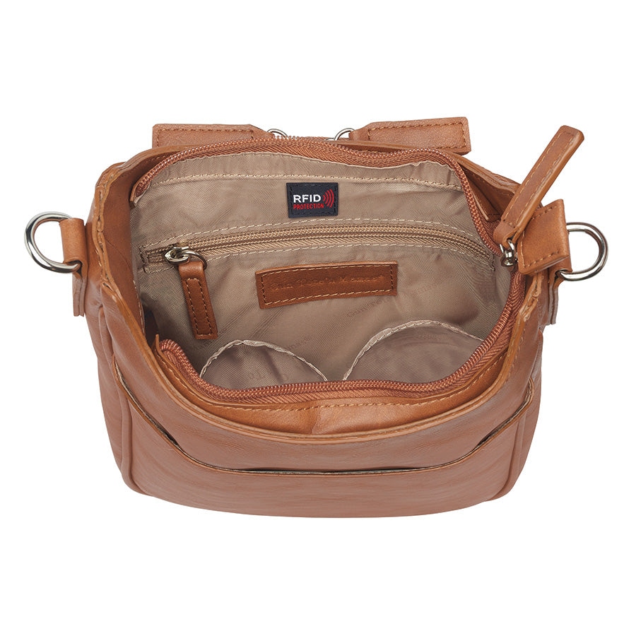 Versatile tan concealed carry crossbody mail pouch with soft, washable top-grain cowhide, anti-imprint padding, RFID pocket, and durable steel-reinforced strap for stylish and safe carry.