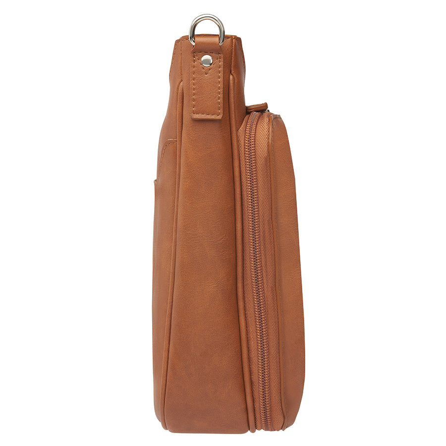 Versatile tan concealed carry crossbody mail pouch with soft, washable top-grain cowhide, anti-imprint padding, RFID pocket, and durable steel-reinforced strap for stylish and safe carry.