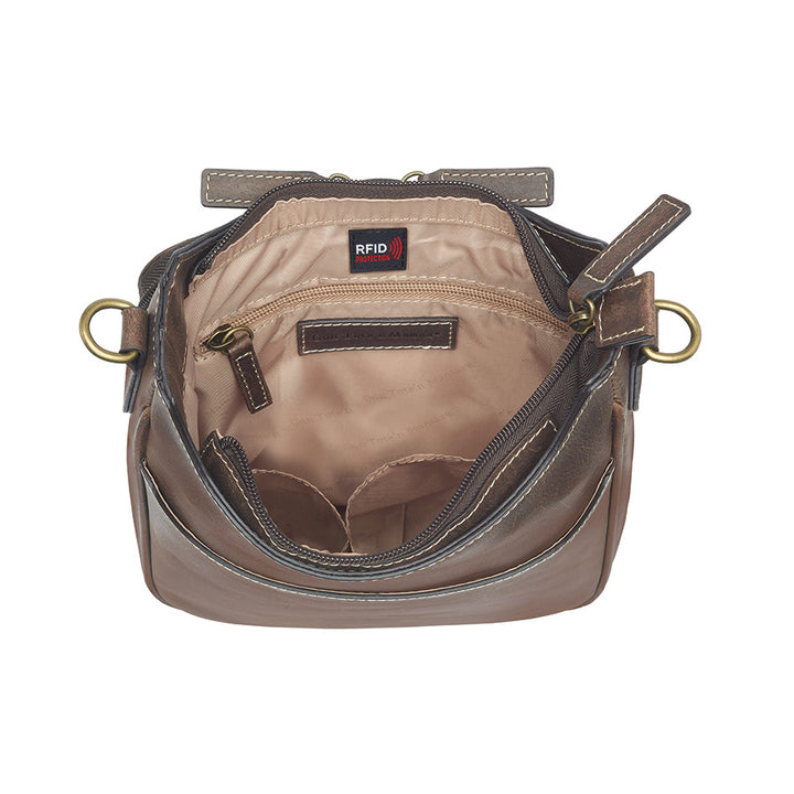 GTM Originals Crossbody Mail Pouch Concealed Carry Bag with open main compartment, featuring durable buffalo leather and secure concealment pockets.