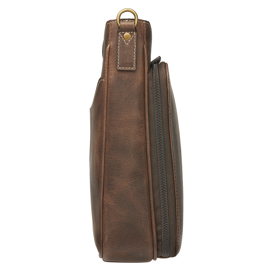 Side view of GTM Originals Crossbody Mail Pouch Concealed Carry Bag in buffalo leather, featuring a compact design and shoulder strap.
