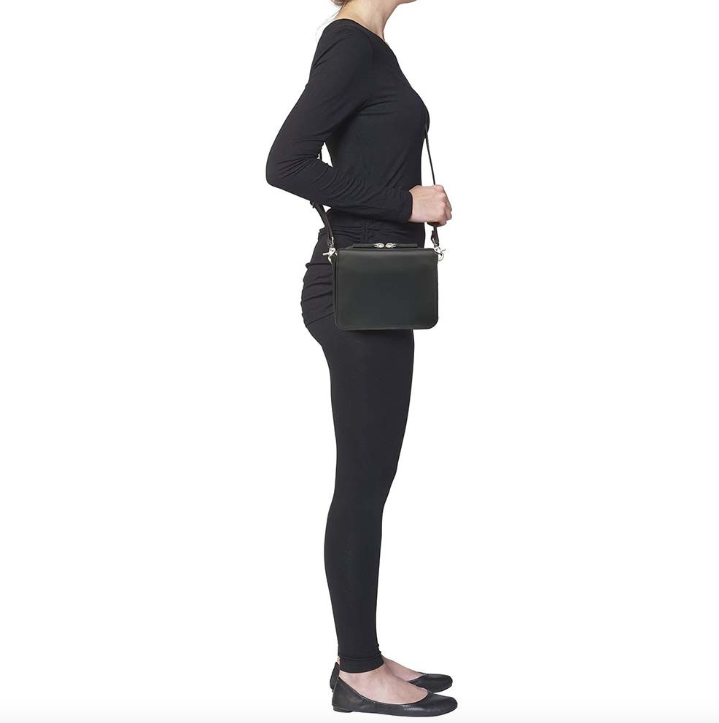 Black concealed carry bag in New Zealand lambskin – fits Springfield Hellcat, Ruger LCP, Glock 42, with RFID protection, mini Mernickle holster, magnetic flap closure, and slash-resistant crossbody strap