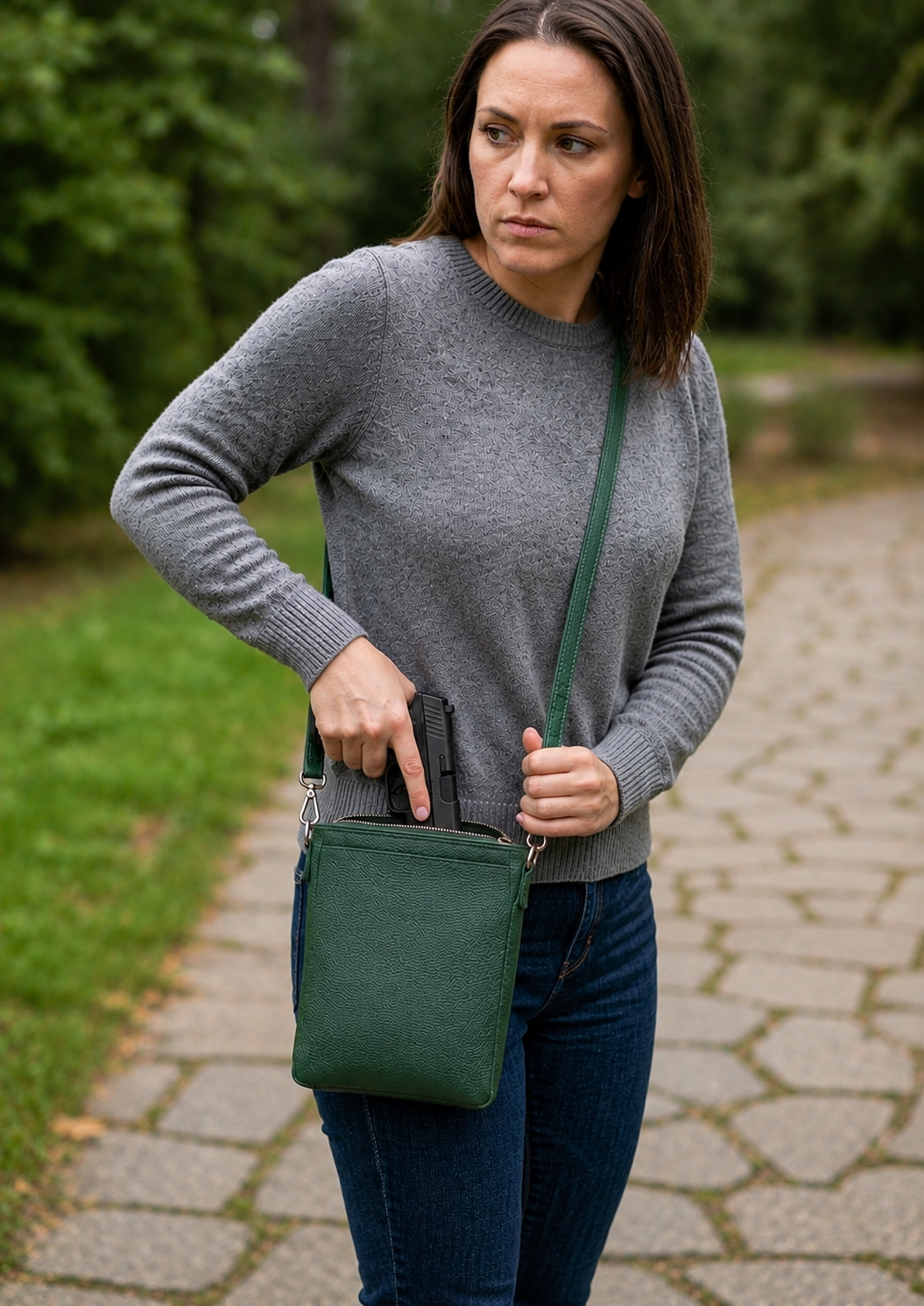 women with green pouch purse drawing a ccw in a park