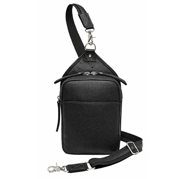 GTMoriginals Compact Concealed Carry Sling Bag in black leather, crossbody style with front view showing sleek cowhide material.