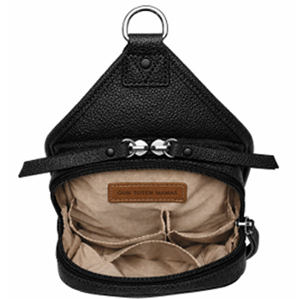 GTMoriginals Compact Concealed Carry Sling Bag in black leather with open design, USA cowhide, crossbody style, for everyday carry.