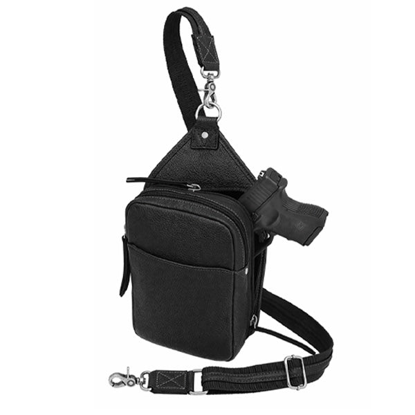 GTMoriginals Compact Concealed Carry Sling in black leather with side gun compartment, USA cowhide crossbody sling bag.