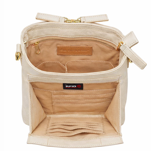 GTMoriginals Mini Slim Crossbody Concealed Carry Purse made of sustainable cowhide, open showing interior compartments.