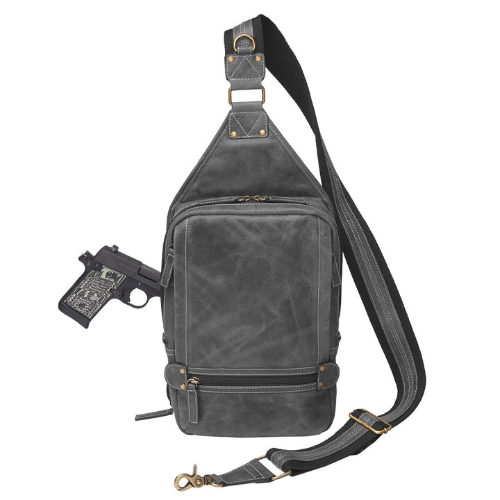 Distressed gray buffalo leather sling concealed carry backpack with tactical organization, RFID zip pocket, padded holster compartment for Glock 19, Sig P320, and HK VP9, slash-proof strap, and swing-front crossbody design with 3 exterior zip pockets and morale patch zone