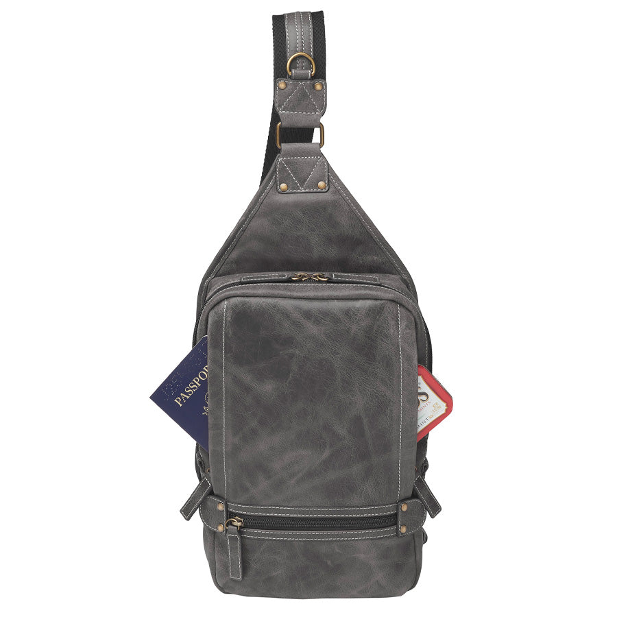 Distressed gray buffalo leather sling concealed carry backpack with tactical organization, RFID zip pocket, padded holster compartment for Glock 19, Sig P320, and HK VP9, slash-proof strap, and swing-front crossbody design with 3 exterior zip pockets and morale patch zone