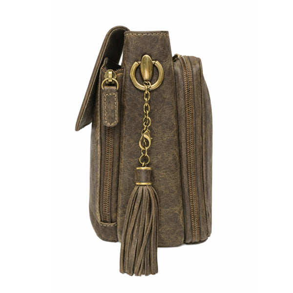 side view of Brown leather concealed carry purse with organizer pocket and holster compartment